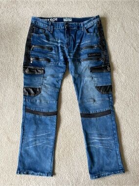 NWOT Ragstar 1602 Moto Cargo Jeans Sz 38 Multi-Zip Biker Distressed Denim Pants